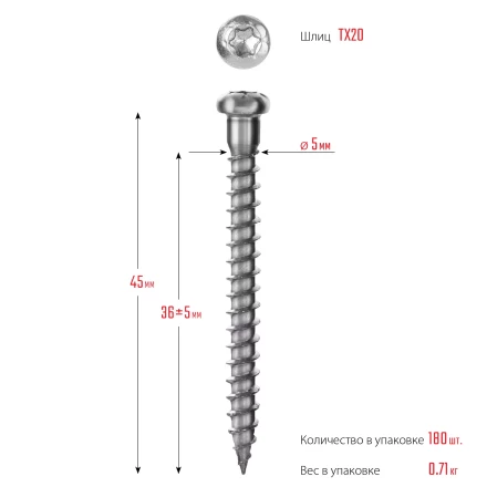 ЗУБР СПК, 45 х 5 мм, TX20, цинк, 180 шт, саморез для перфорированного крепежа, Профессионал (30061-50-45) купить в Тобольске