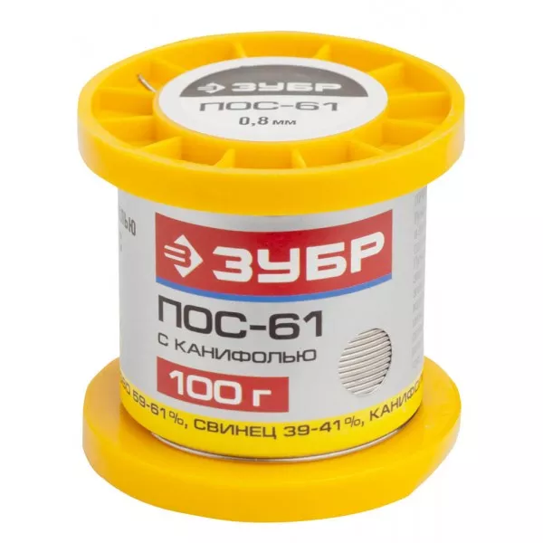 Припой ЗУБР, ПОС 61, трубка с канифолью, 100г, 0,8мм 55450-100-08C купить в Тобольске
