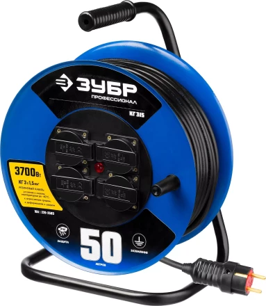 Удлинитель на катушке &quot;КГ 315&quot;, 50 м, 3700 Вт, 4 гнезда, IP44, КГ 3х1,5 кв мм, ЗУБР 55080-50 купить в Тобольске