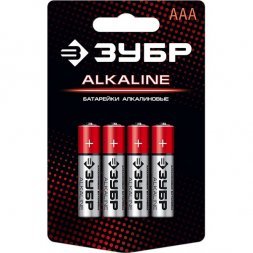 Батарейка &quot;ЗУБР&quot; &quot;ALCALINE&quot; щелочная (алкалиновая), &quot;AAA&quot;, 1,5В, 4шт 59221-4C