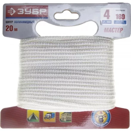 Шнур ЗУБР полиамидный, плетеный, повышенной нагрузки, без сердечника, белый, d 4, 20м 50320-04-020 купить в Тобольске