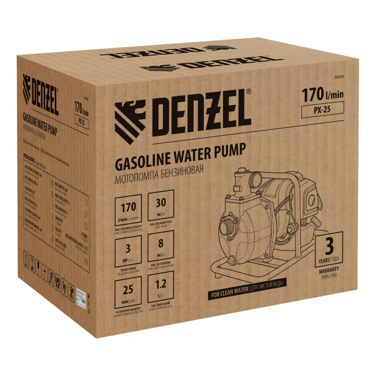 Мотопомпа бензиновая для чистой воды Denzel PX-25, 52 см3, 1", 170 л/мин, глуб 8 м, напор 30 м 99205 купить в Тобольске