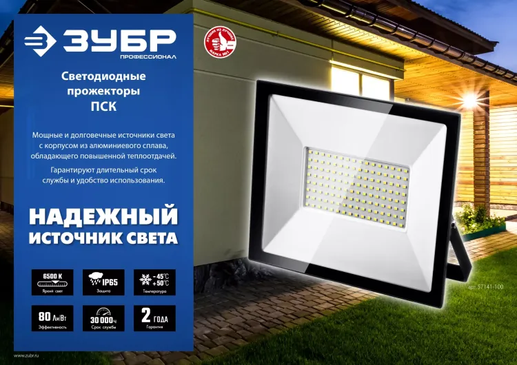 ЗУБР ПСК-50, 50 Вт, 6500 К, IP 65, светодиодный прожектор, Профессионал (57141-50) купить в Тобольске