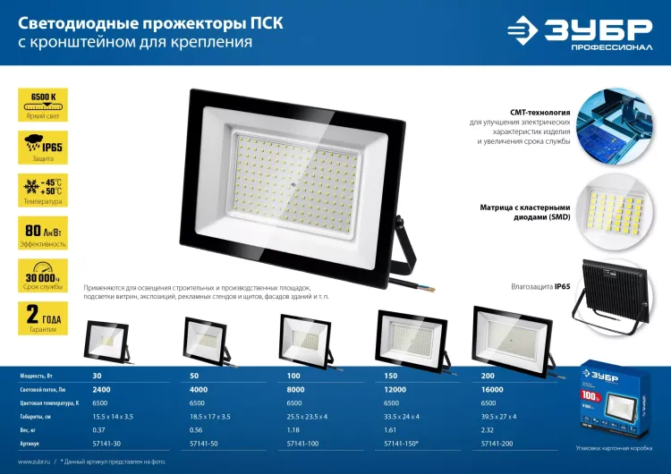 ЗУБР ПСК-50, 50 Вт, 6500 К, IP 65, светодиодный прожектор, Профессионал (57141-50) купить в Тобольске