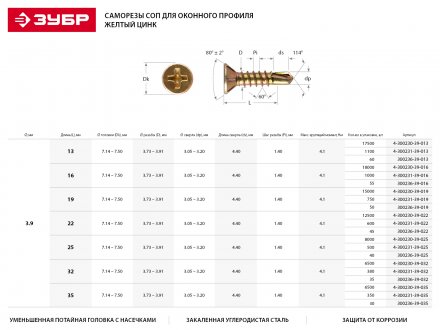 Саморезы ЗУБР &quot;МАСТЕР&quot; со сверлом для оконного профиля, жёлтопассивированные, 3.9x32мм, 6500шт 4-300230-39-032 купить в Тобольске