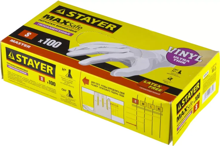 Перчатки STAYER "MASTER" виниловые экстратонкие, S, 100шт 11207-S купить в Тобольске