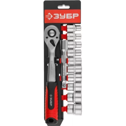 Набор ЗУБР &quot;МАСТЕР&quot;: Торцовые головки (1/2&quot;) на пластиковом рельсе, трещотка, удлинитель, Cr-V, 10-24мм, 12 предметов 27647-H12 купить в Тобольске