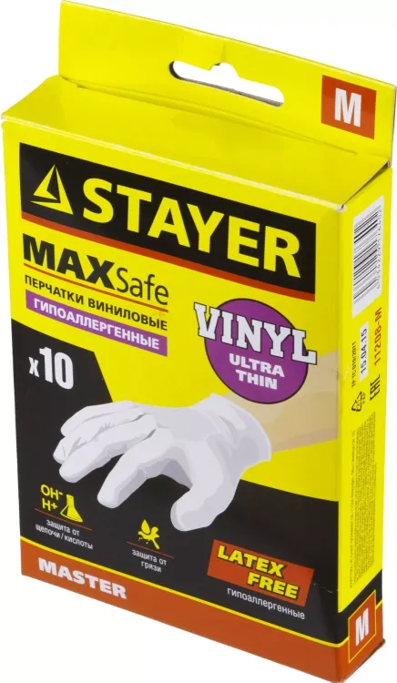 Перчатки STAYER "MASTER" виниловые экстратонкие, M, 10шт 11208-M купить в Тобольске
