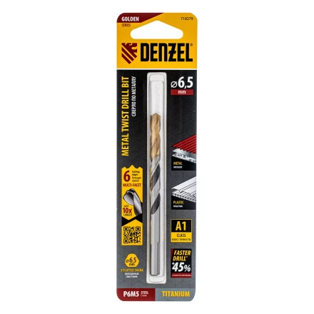 Сверло спиральное по металлу Denzel 6,5 x 93мм, Р6М5, Golden Tip, многогранная заточка, 718279 купить в Тобольске