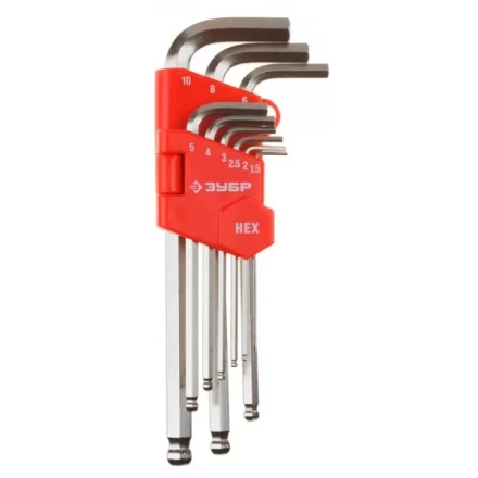 Набор ЗУБР Ключи &quot;МАСТЕР&quot; имбусовые длинные с шариком, Cr-V, сатинир. покрытие, пластик. держатель, HEX 1,5-10мм, 9 пред 27461-2_z02 купить в Тобольске